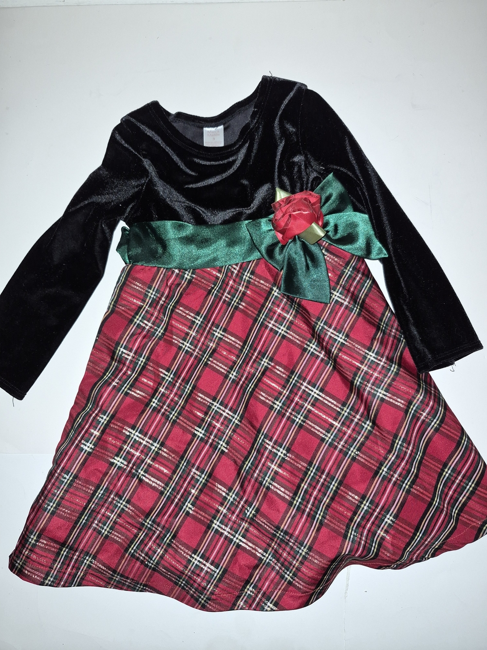 Girls Black Velvet & Red Plaid Holiday Dress with Green Sash